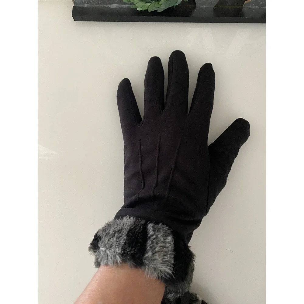Vintage XS Women's Faux Fur Trim Gloves Winter Warm Black Gray Animal Print New